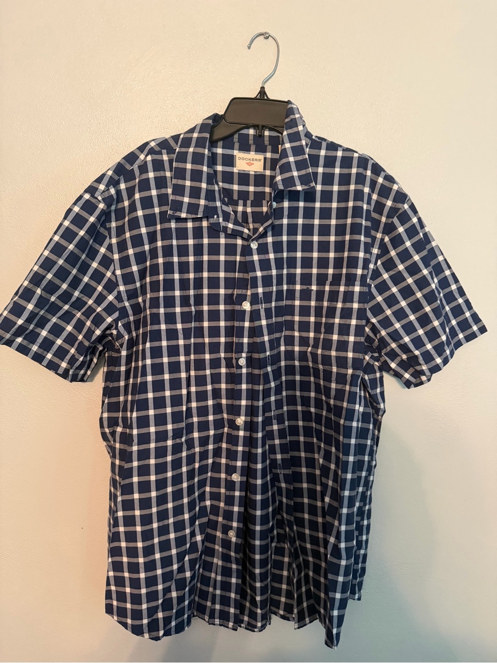 Dockers Navy and White Checked Short Sleeve Button-Up Shirt